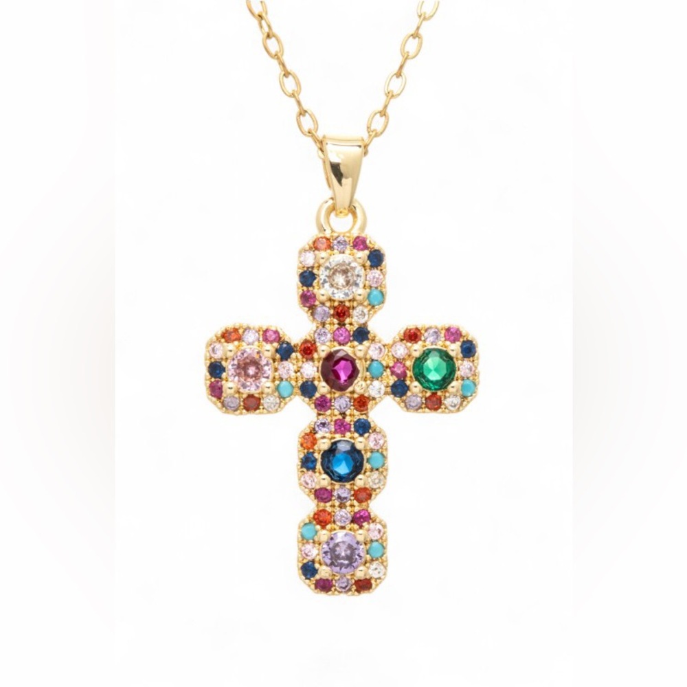 Gold Multicolor Rhinestone Cross Necklace | 14K Gold Plated Statement Pendant